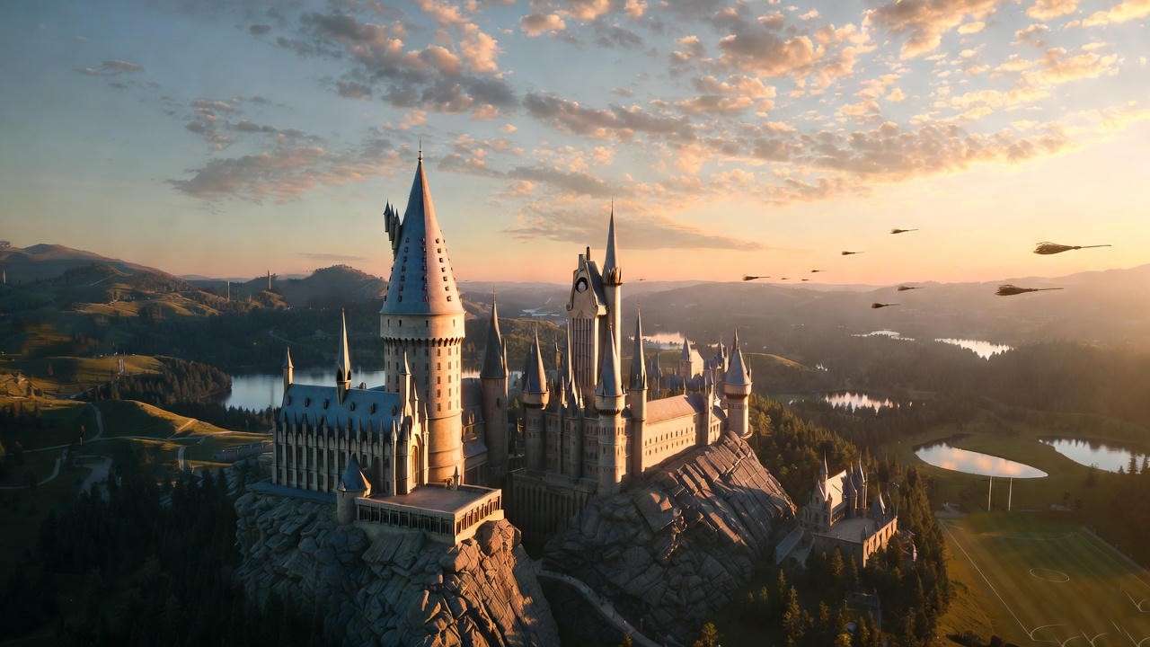 Sunset aerial view of Hogwarts castle and grounds with Black Lake