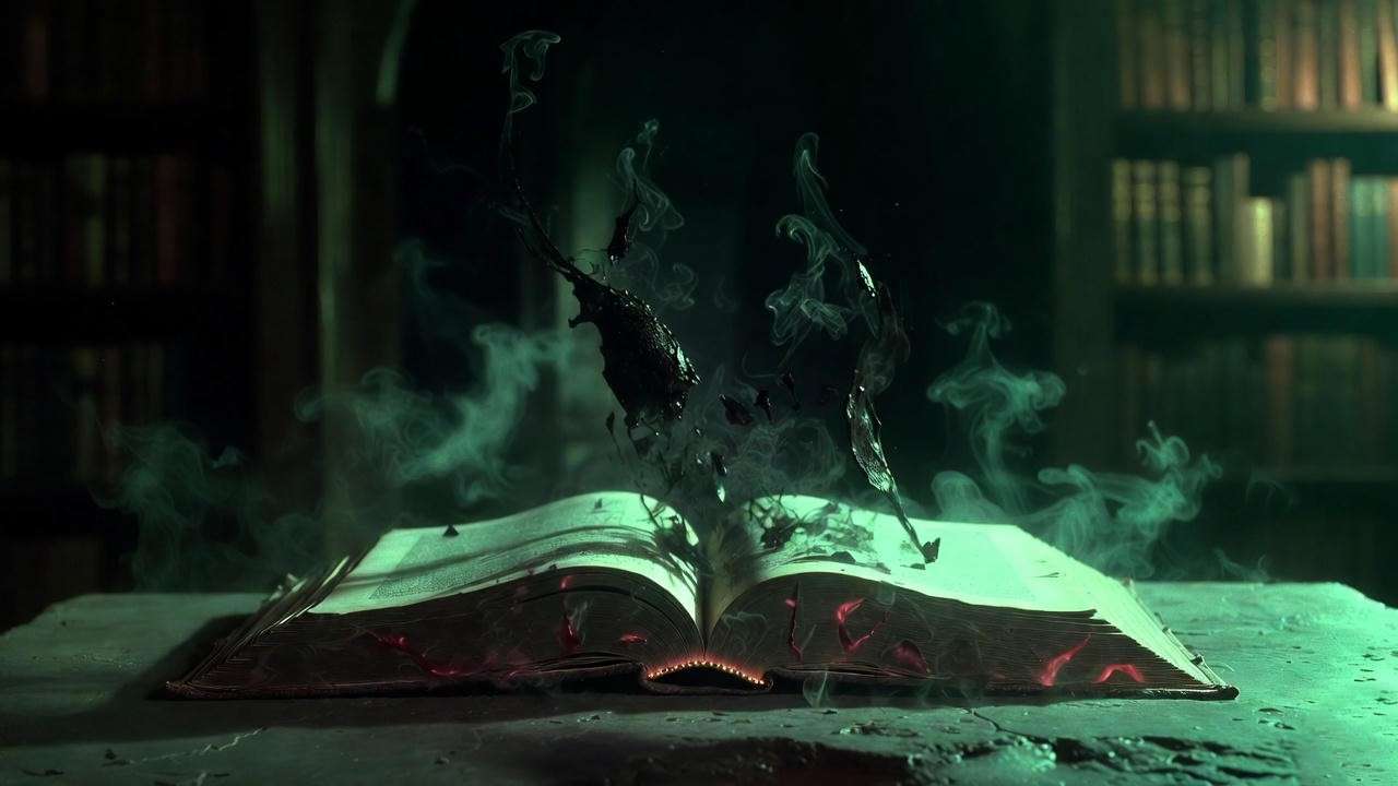 Secrets of the Darkest Art Horcrux book open with soul fragments rising in Hogwarts library

