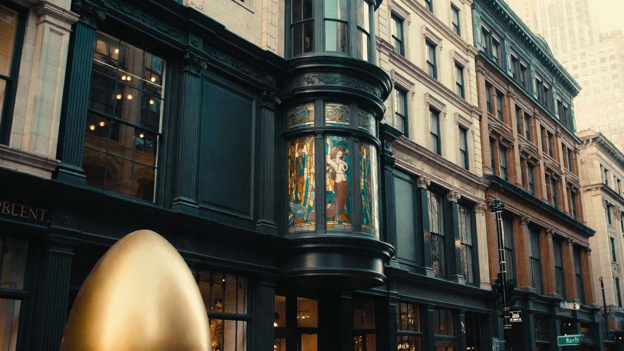 Exterior of the Harry Potter Store Chicago on Magnificent Mile featuring mermaid stained-glass window and Golden Egg
