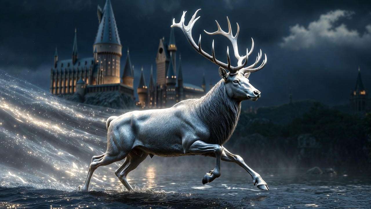 Harry Potter stag Patronus running across the Black Lake with Hogwarts in background