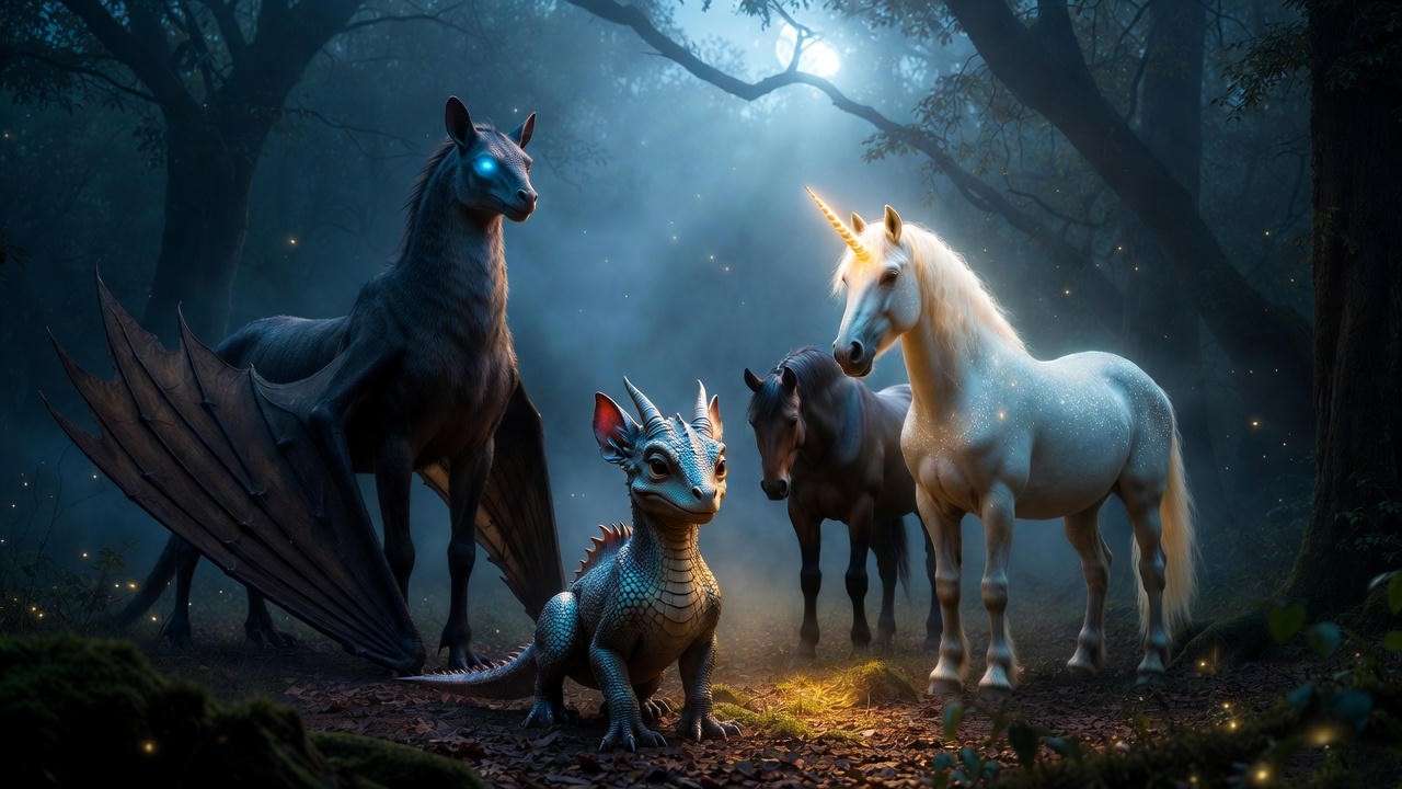 Thestral, dragon, centaur and unicorn in the Forbidden Forest at night