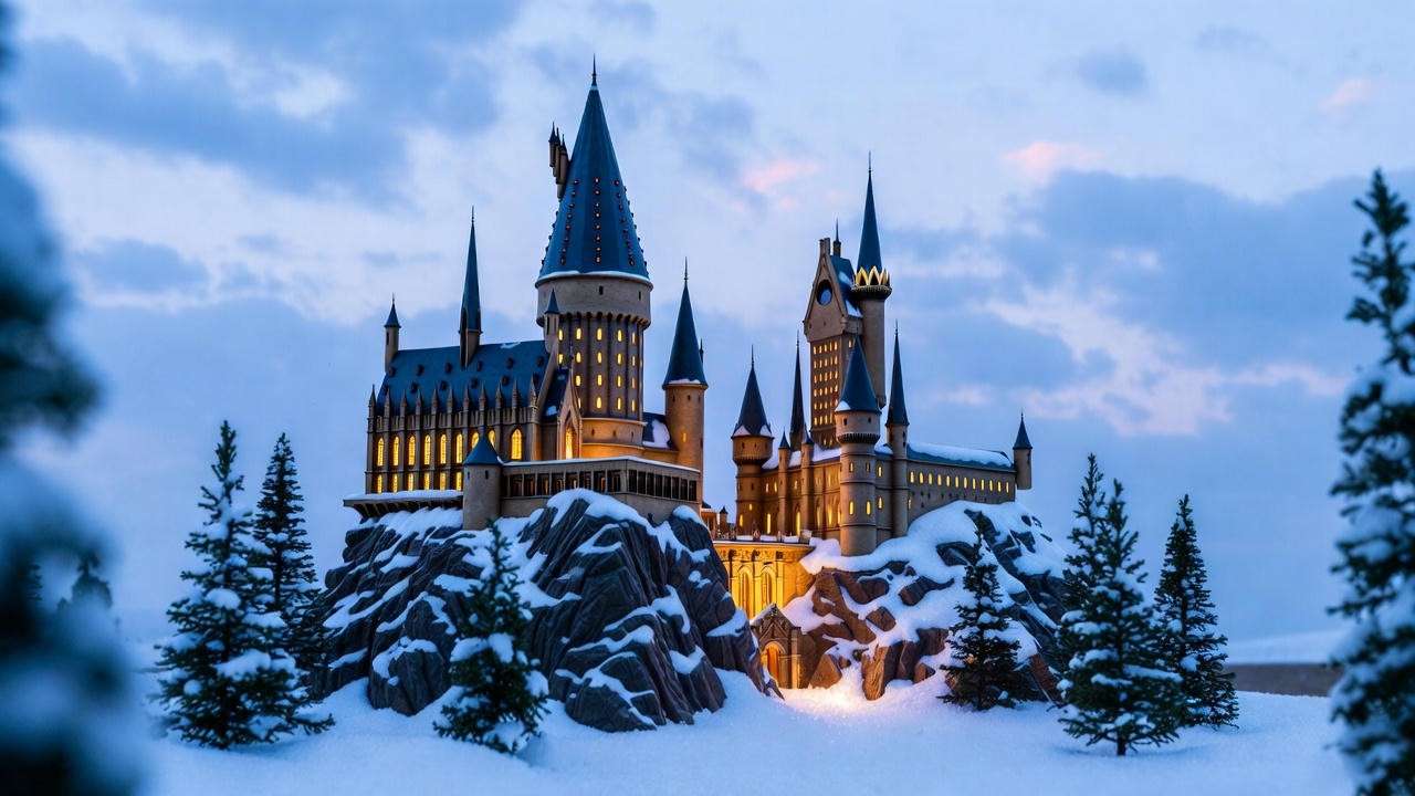 Department 56 lighted Hogwarts Castle in a snowy Harry Potter Christmas village display