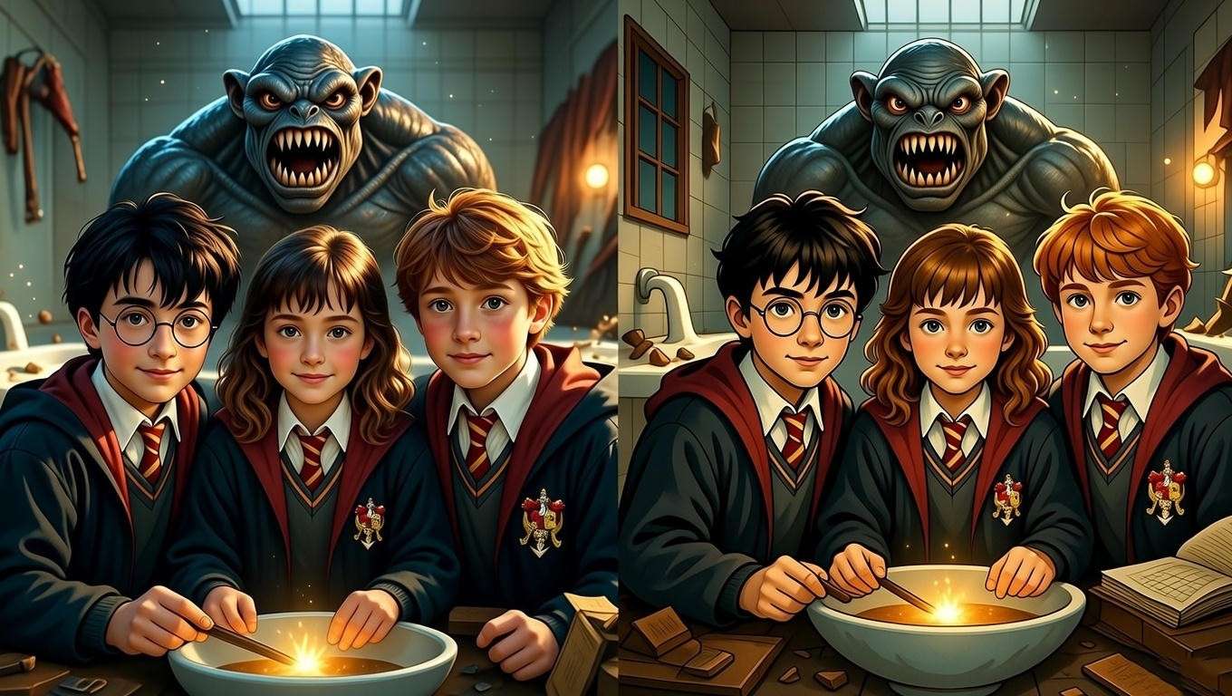 Book vs movie differences in the Harry Potter troll bathroom scene