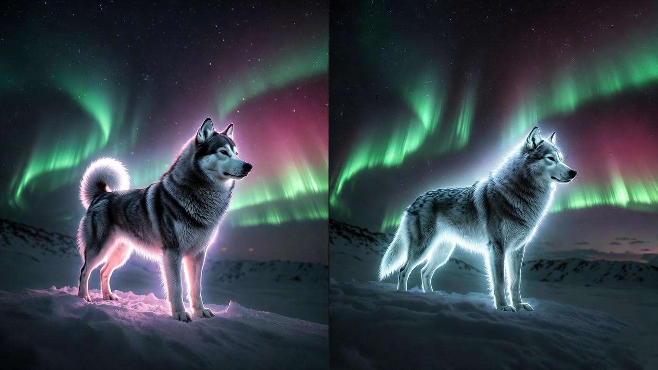 Side-by-side comparison of husky Patronus (curled tail) vs wolf Patronus
