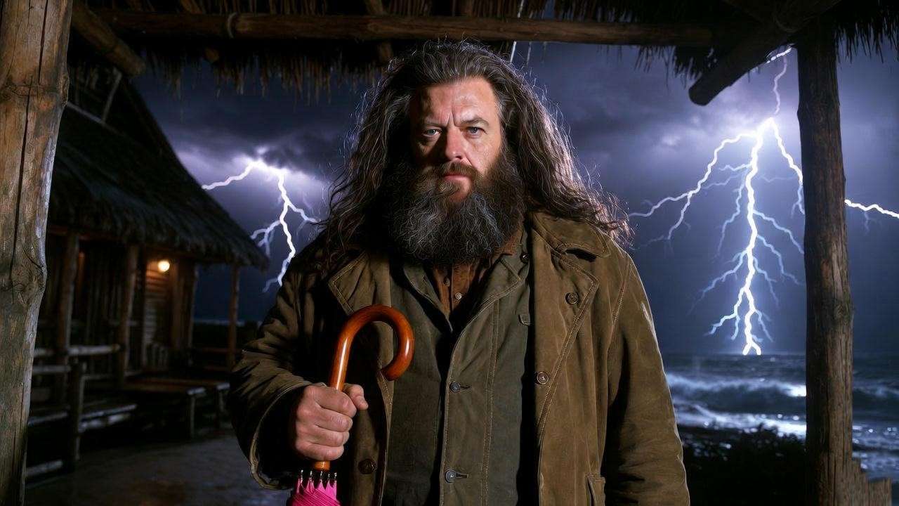 Hagrid dramatically arriving as Harry’s magical helper on the night of his eleventh birthday
