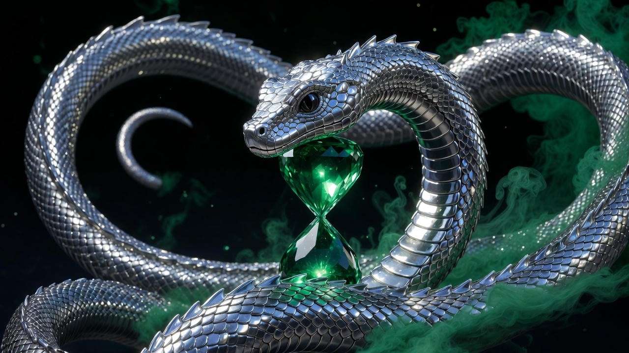 Elegant silver serpent symbolizing positive Slytherin traits like ambition and cunning for Harry Potter fans.