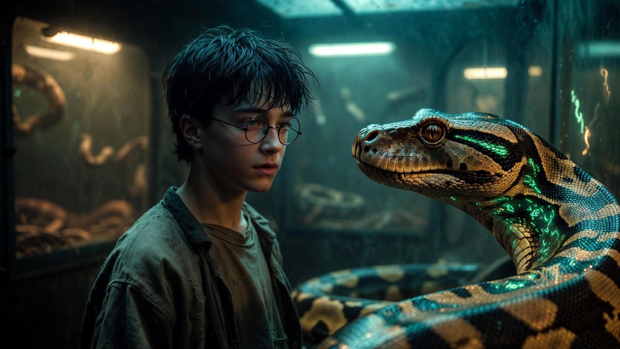Harry Potter speaking to the boa constrictor in Philosopher’s Stone reptile house – first hidden Parseltongue moment