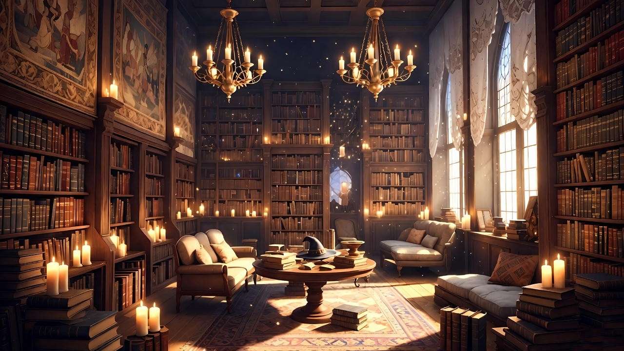Cozy magical library with floating candles and ancient books, perfect for fantasy reading inspiration