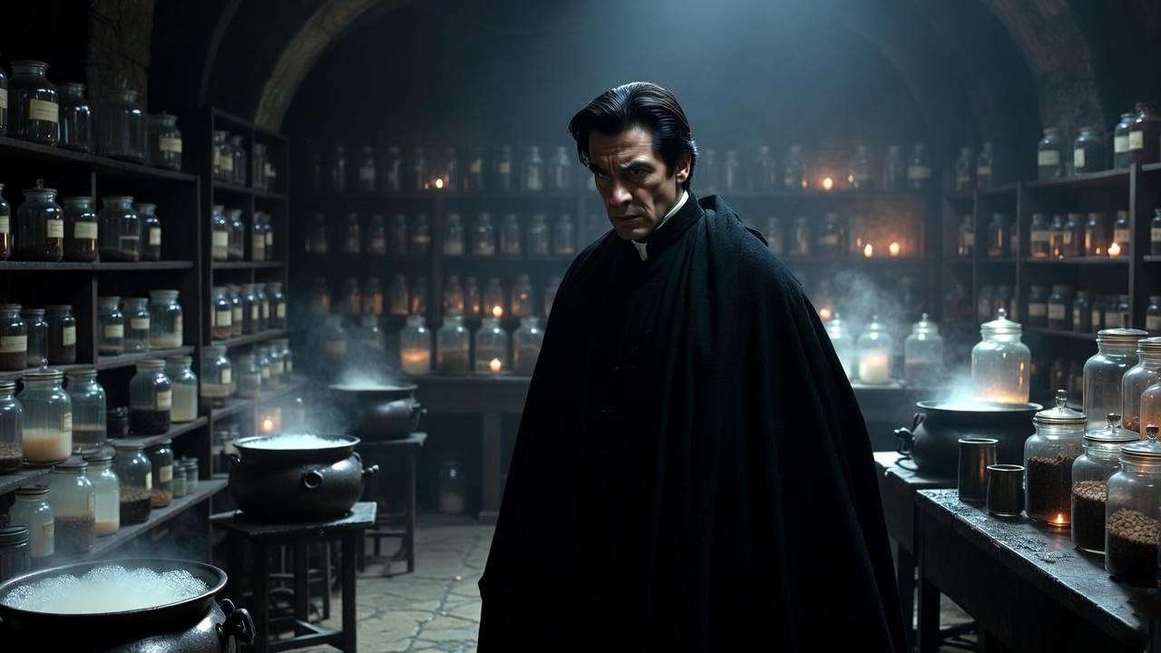 Alan Rickman as Professor Severus Snape in the potions classroom in Harry Potter and the Chamber of Secrets.
