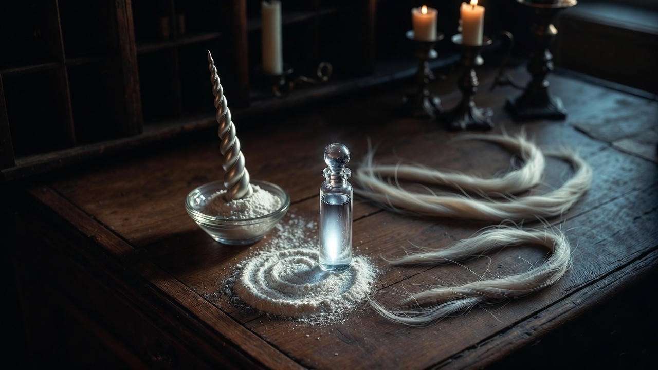 Unicorn blood, powdered horn, and tail hair displayed on apothecary table – Harry Potter unicorn parts overview
