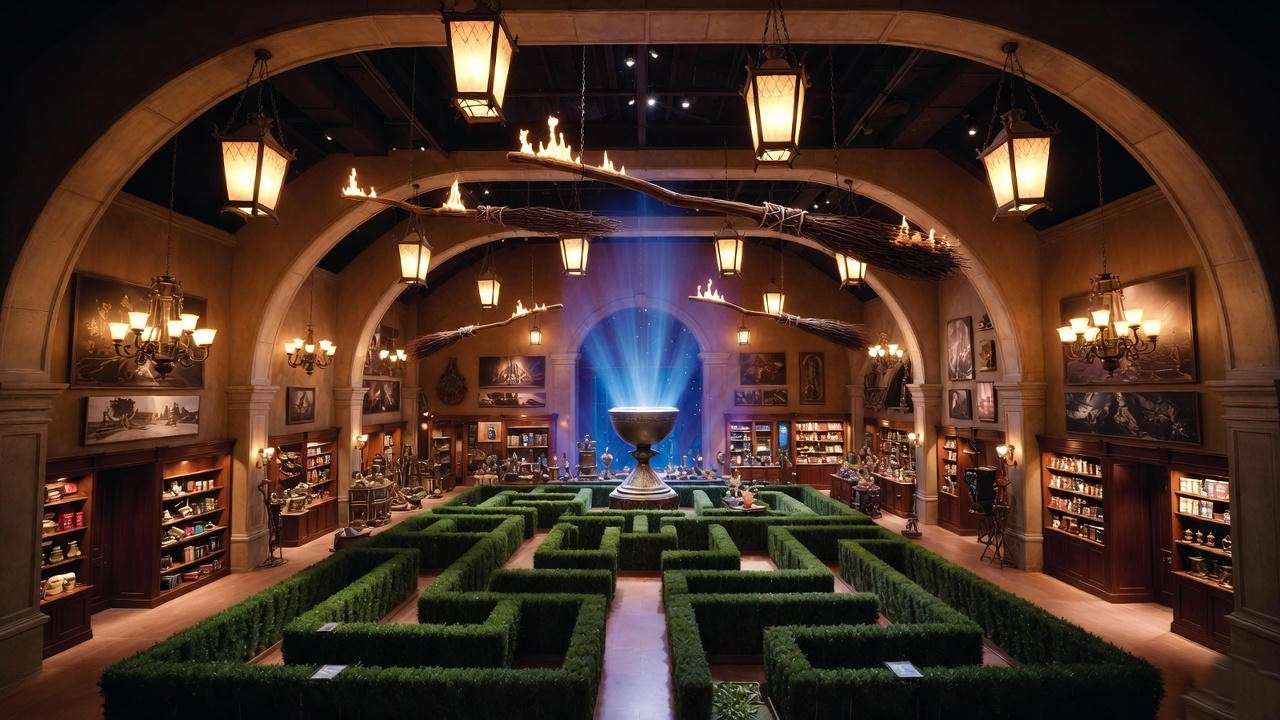 Triwizard Tournament-themed interior with flaming broomsticks and Goblet of Fire at Harry Potter Store Chicago

