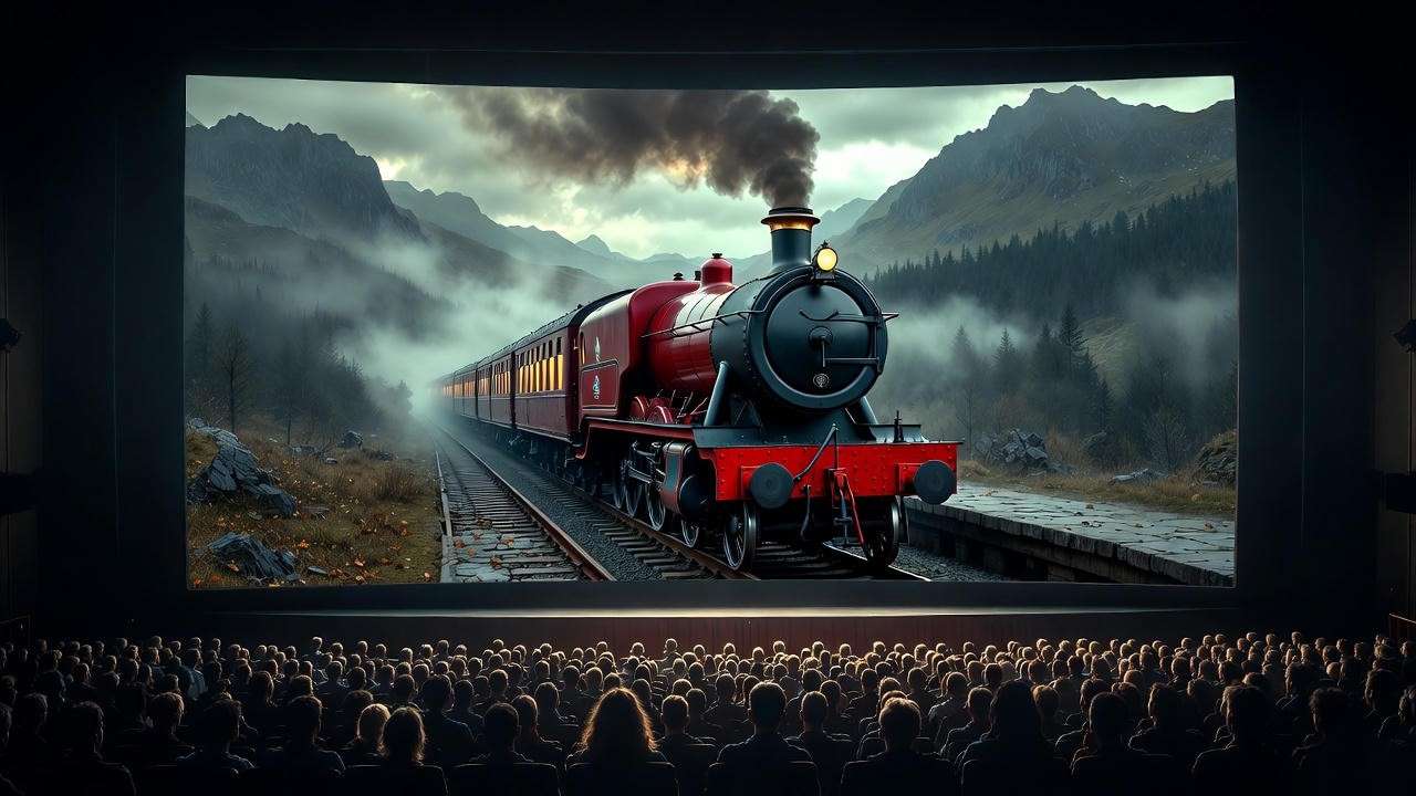 Hogwarts Express scene from Harry Potter on big theater screen during re-release