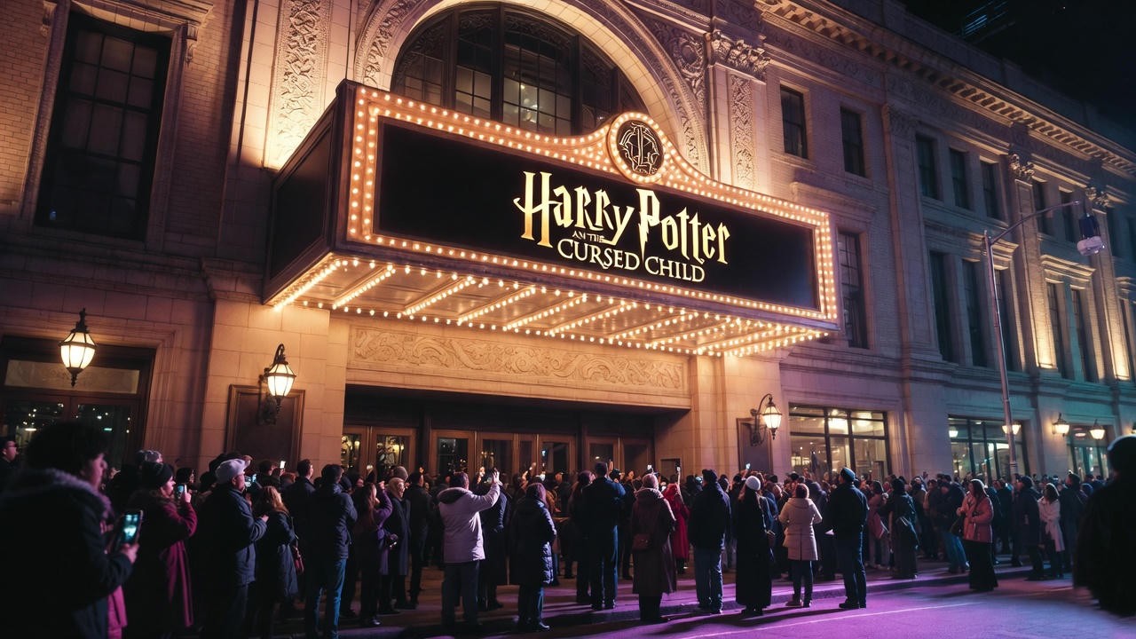 Fans lining up outside the theater for a performance of Harry Potter and the Cursed Child on Broadway
