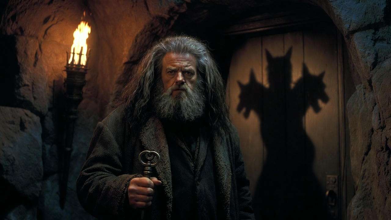 Hagrid holding the huge key to the trapdoor guarding the Philosopher’s Stone
