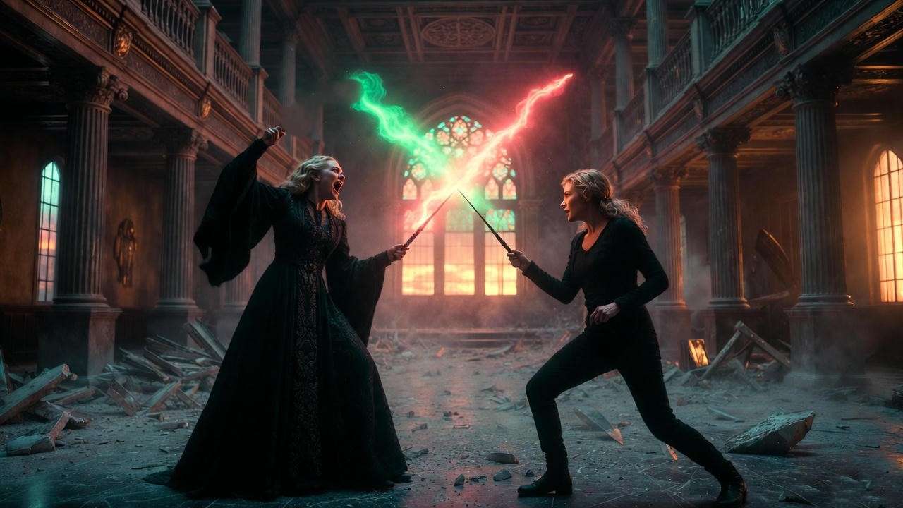 Molly Weasley duelling Bellatrix Lestrange in the Battle of Hogwarts
