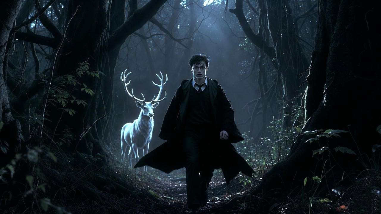 Harry walking to meet Voldemort in the Forbidden Forest, representing the modern hero’s journey
