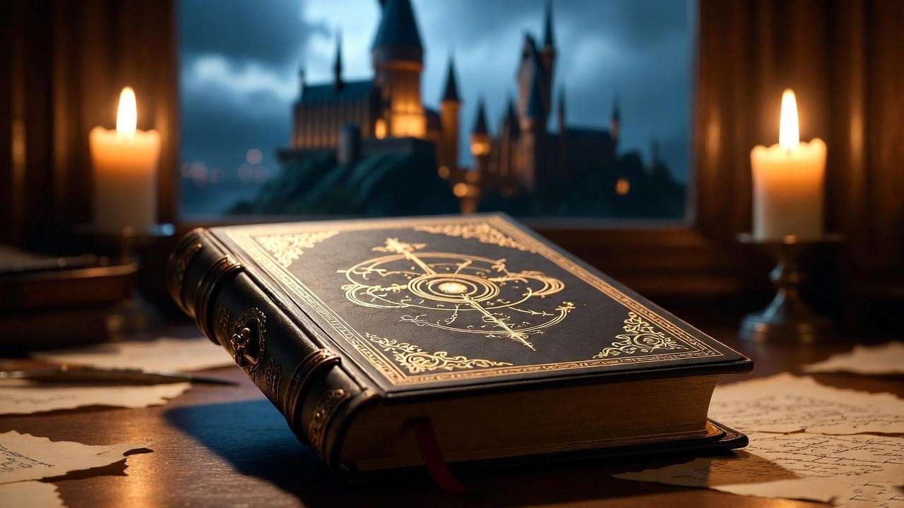 First edition Book of Spells by Miranda Goshawk with living spell illustrations on Dumbledore’s desk
