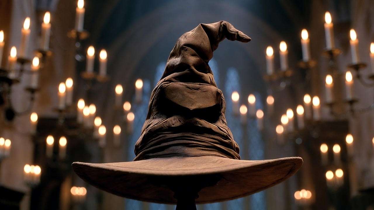Ancient Sorting Hat from Harry Potter ready to sing about Hogwarts houses including Slytherin traits.