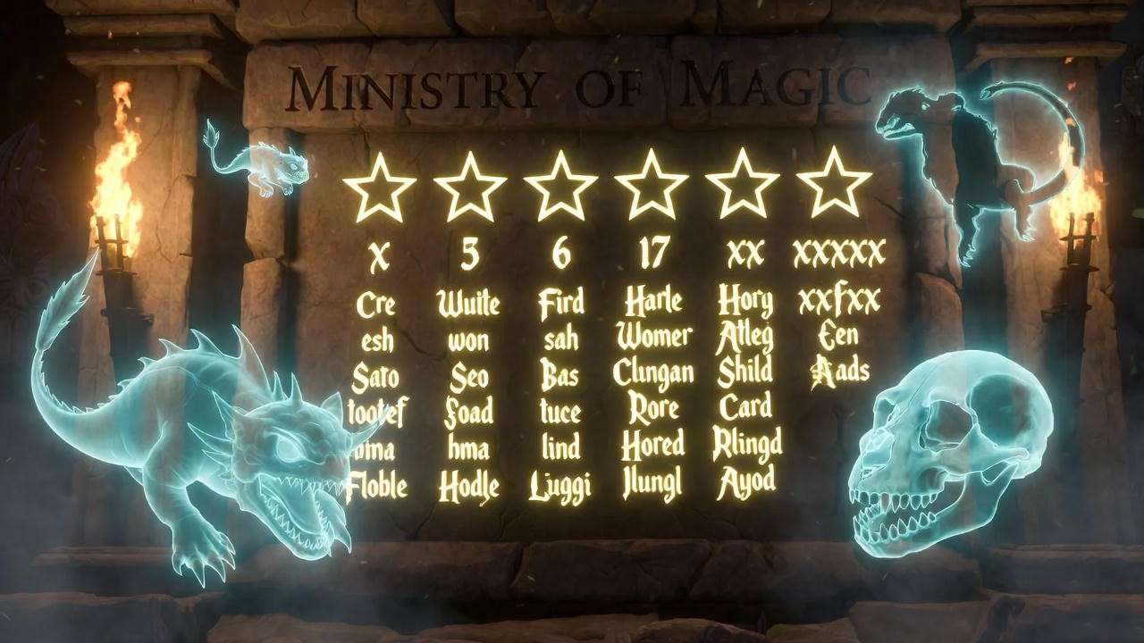 Ministry of Magic creature classification chart with X to XXXXX danger ratings