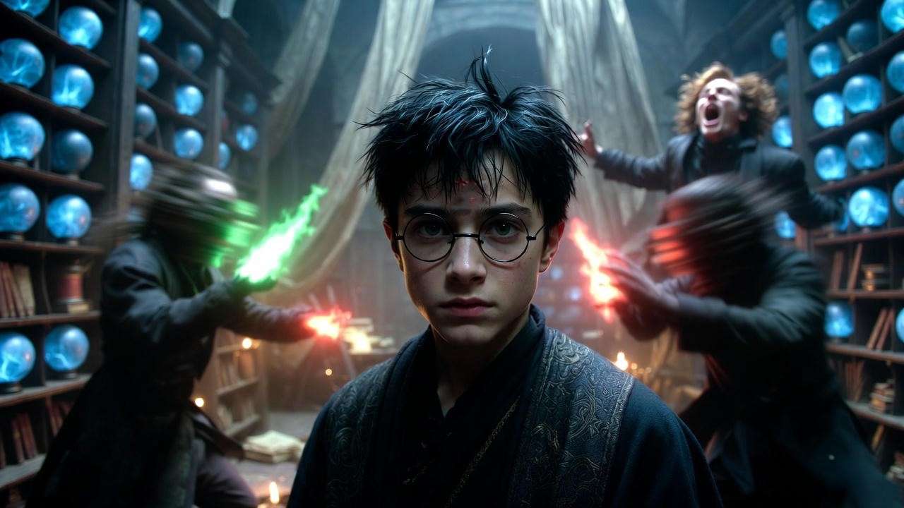 Harry Potter leading friends into the dangerous Battle of the Department of Mysteries, resulting in Sirius Black's death through the veil