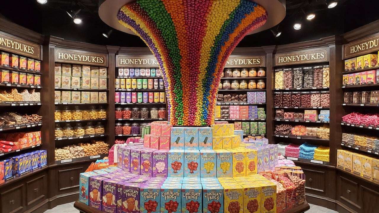 Honeydukes confectionery section with colorful sweets and jellybeans at Harry Potter Store Chicago