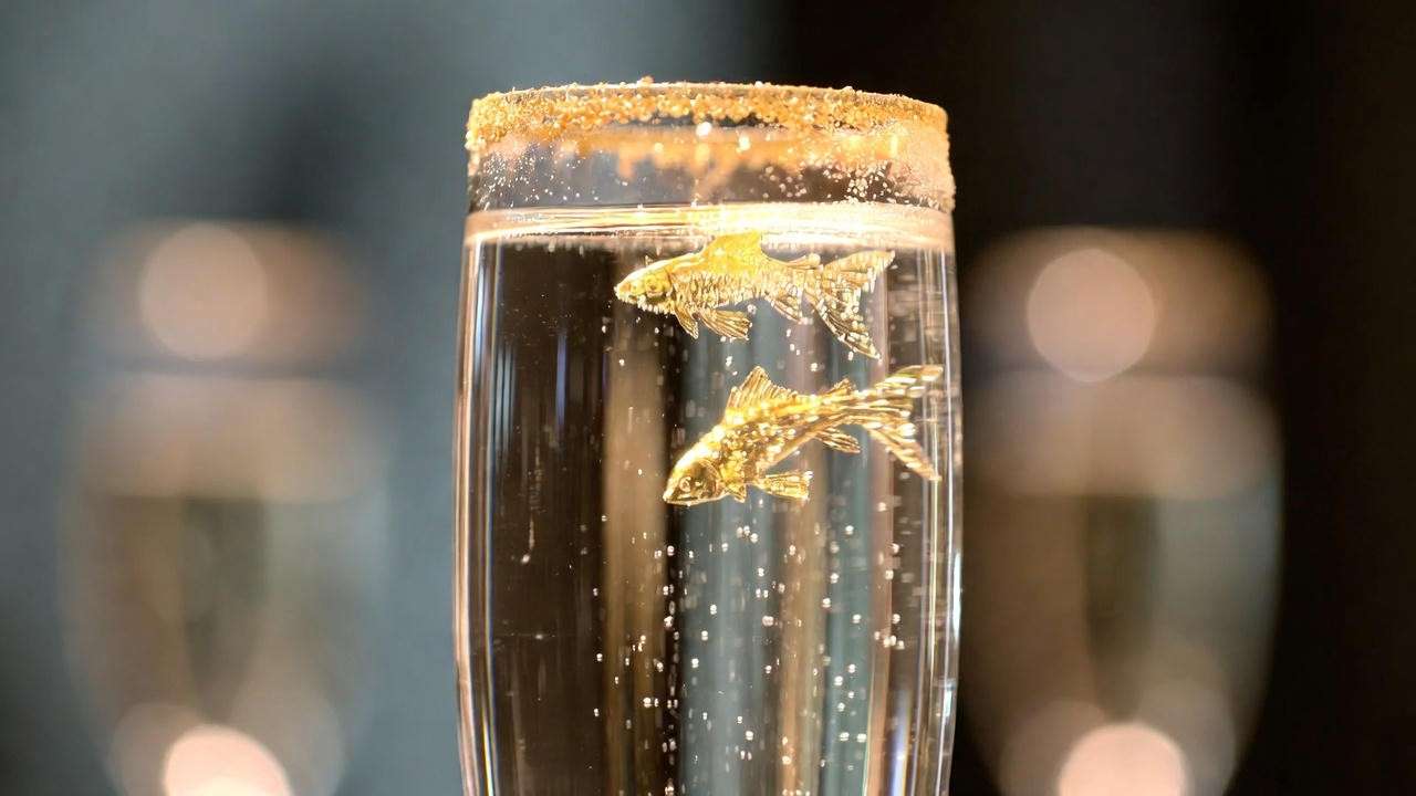 Sparkling champagne Felix Felicis with dramatic rising gold luster dust – luxurious liquid luck drink for parties. 