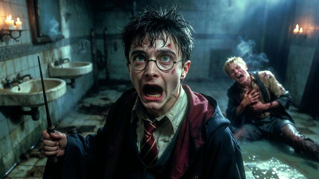 Harry Potter using the dangerous Sectumsempra curse on Draco Malfoy in the bathroom, nearly killing him