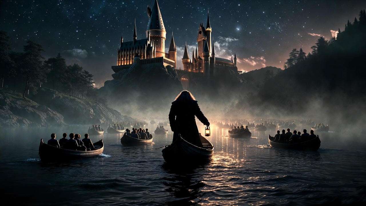 Hagrid leading first-year boats across the Black Lake as Keeper of Keys and Grounds