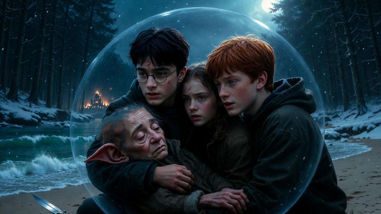 Harry Potter during the Horcrux hunt, holding a dying Dobby on the beach after the escape from Malfoy Manor 