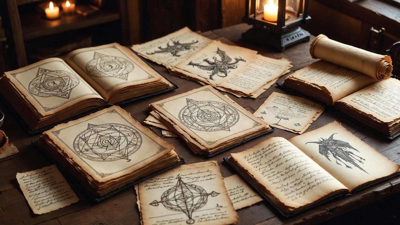 Fantasy workspace with magical notes and tools symbolizing expert player strategies for Hogwarts Mystery.