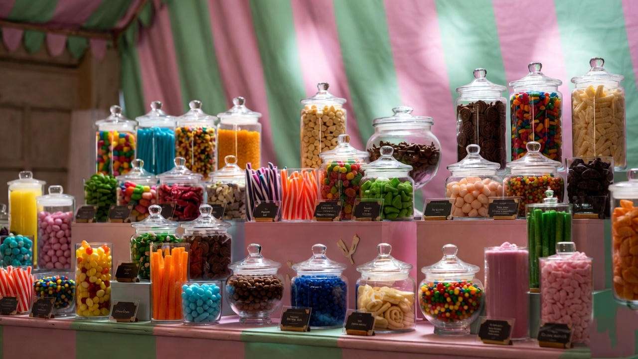 Colorful Honeydukes candy buffet display with jars of Harry Potter themed sweets 