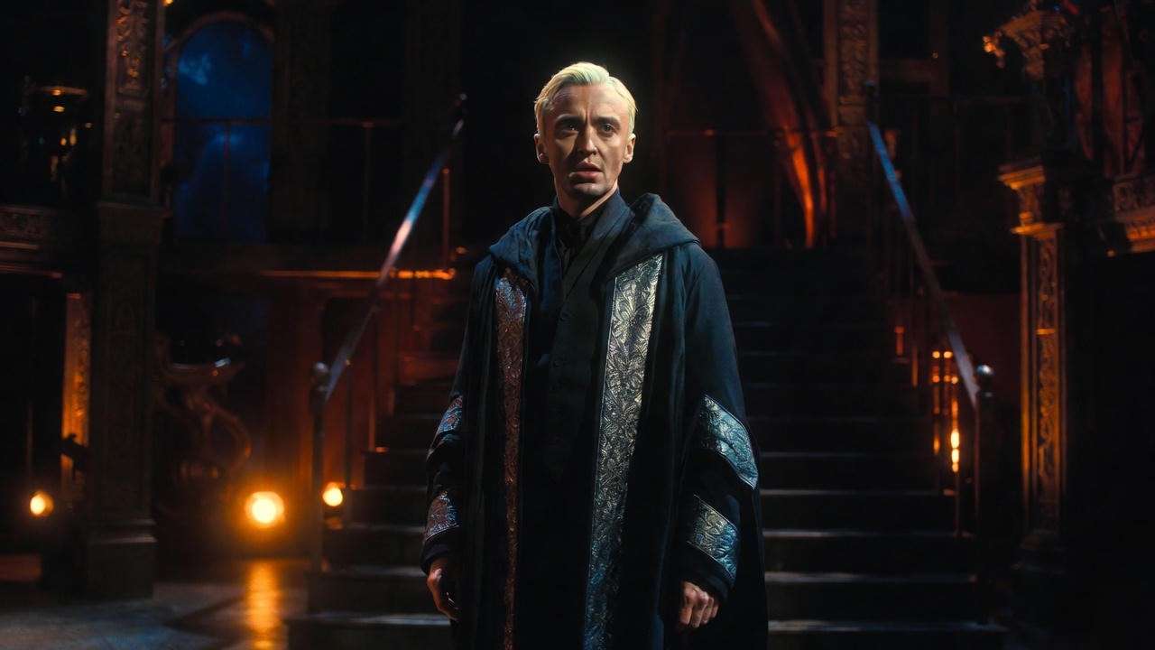 Tom Felton performing as Draco Malfoy in Harry Potter and the Cursed Child on Broadway stage
