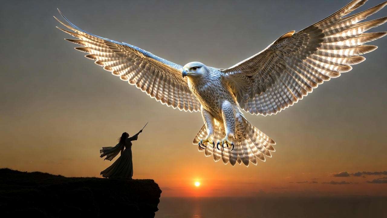 Wizard casting majestic silver falcon Patronus at sunrise symbolizing hope and inner strength 