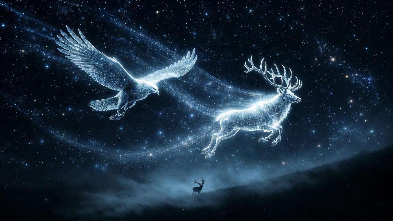 Silver falcon and stag Patronuses flying together symbolizing perfect romantic compatibility 