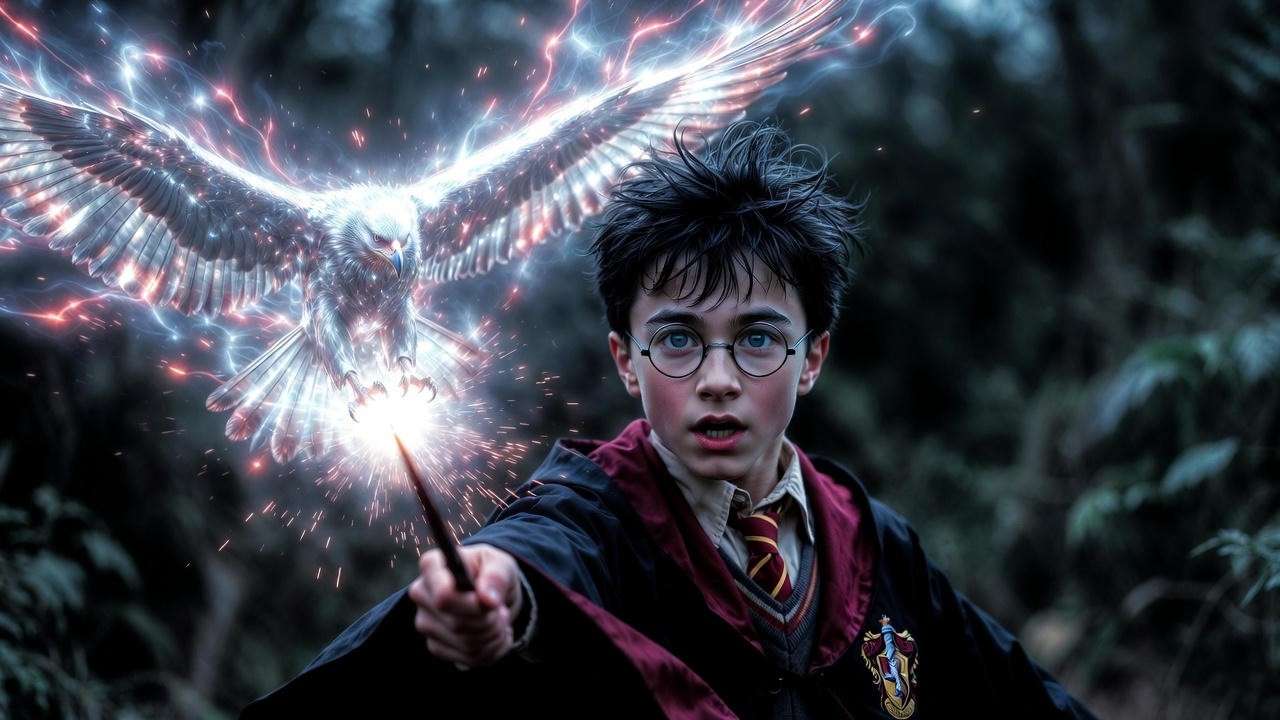 James Potter casting his rare silver falcon Patronus in battle 