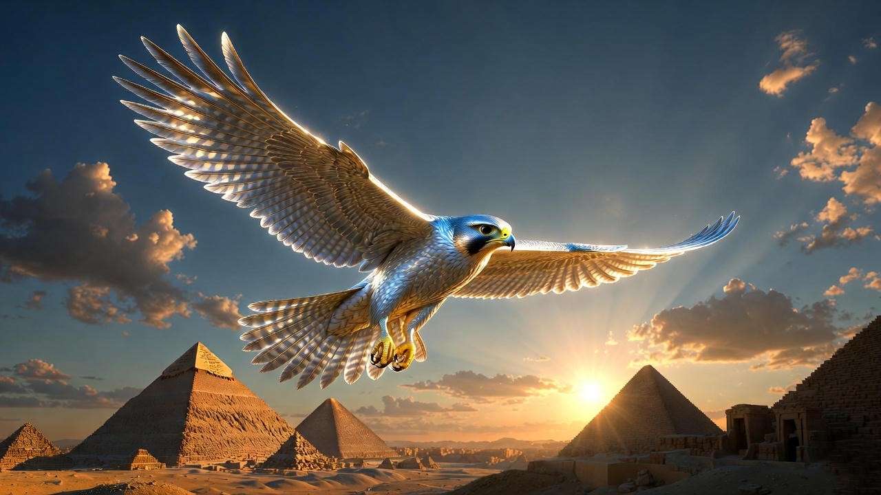 Silver falcon Patronus soaring above Egyptian pyramids symbolizing vision and nobility 