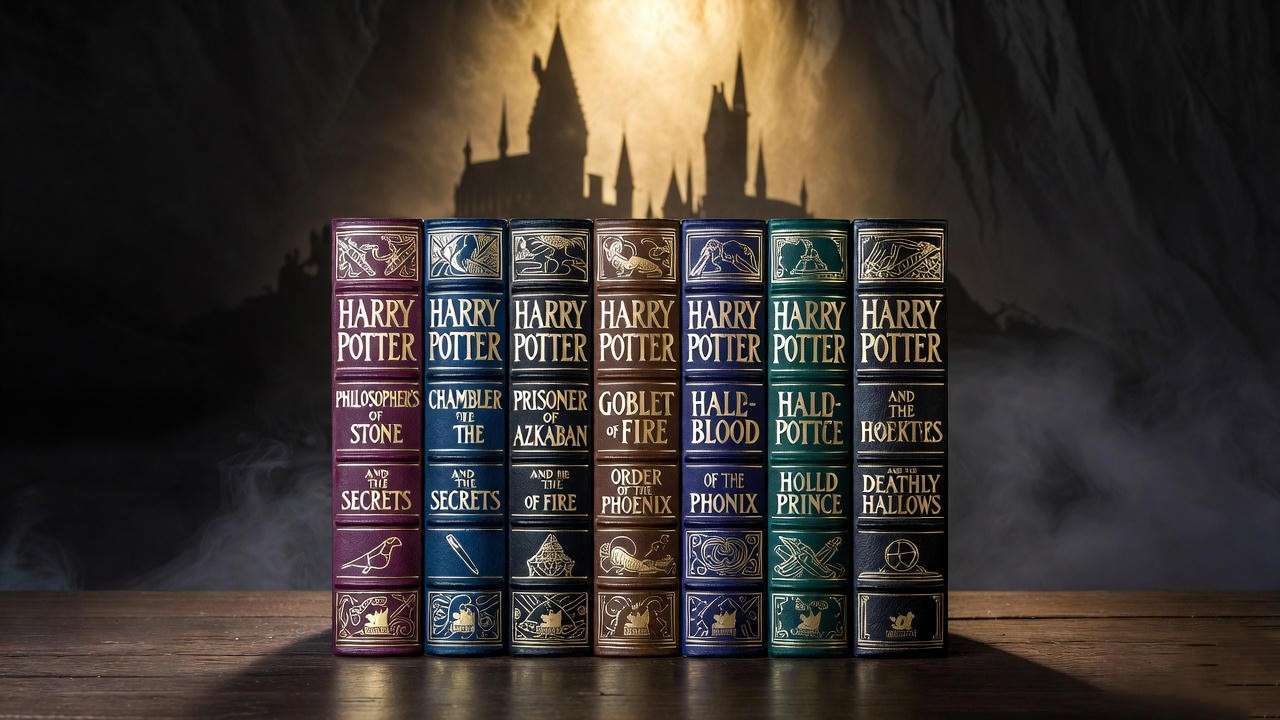 Complete set of Harry Potter first edition books symbolizing 1997–2007 publication timeline