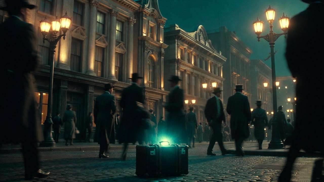Magical 1920s New York street with glowing suitcase – Fantastic Beasts era of the Wizarding World