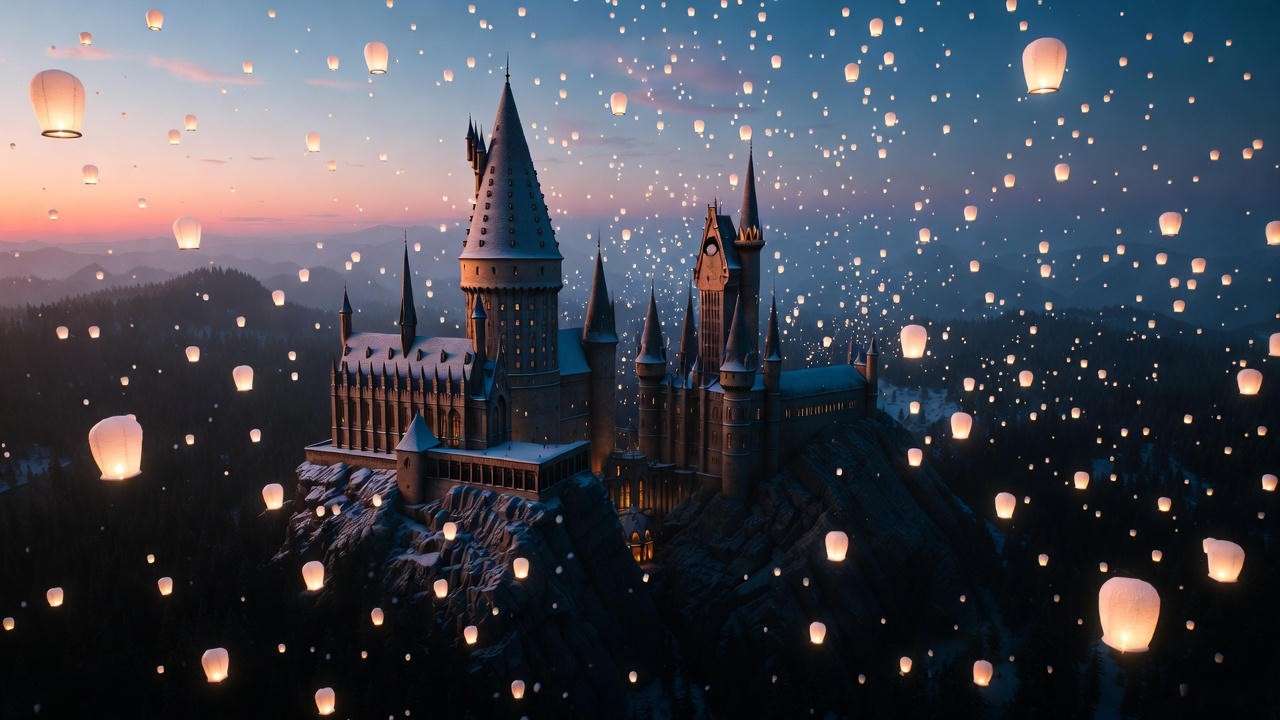 Hogwarts castle with floating lanterns at twilight – enduring cultural legacy of Harry Potter in 2025
