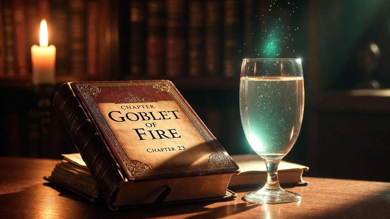 Open Goblet of Fire book next to glowing glass of canon Gillywater Harry Potter