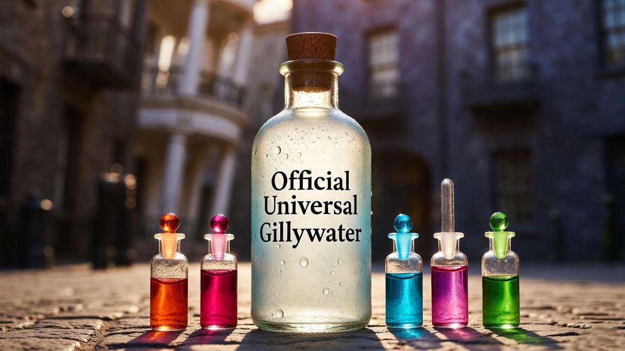 Official Universal Gillywater bottle and four elixir vials in Diagon Alley
