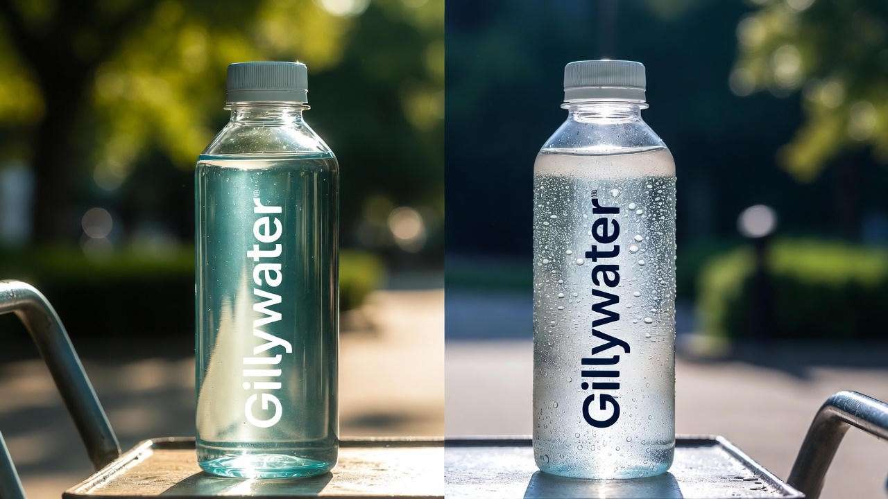 Warm vs ice-cold plain Gillywater bottle showing why temperature matters