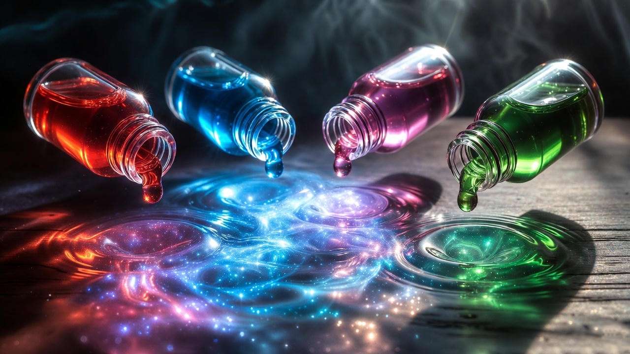 Homemade DIY elixir drops swirling into sparkling Gillywater recreating Universal flavors