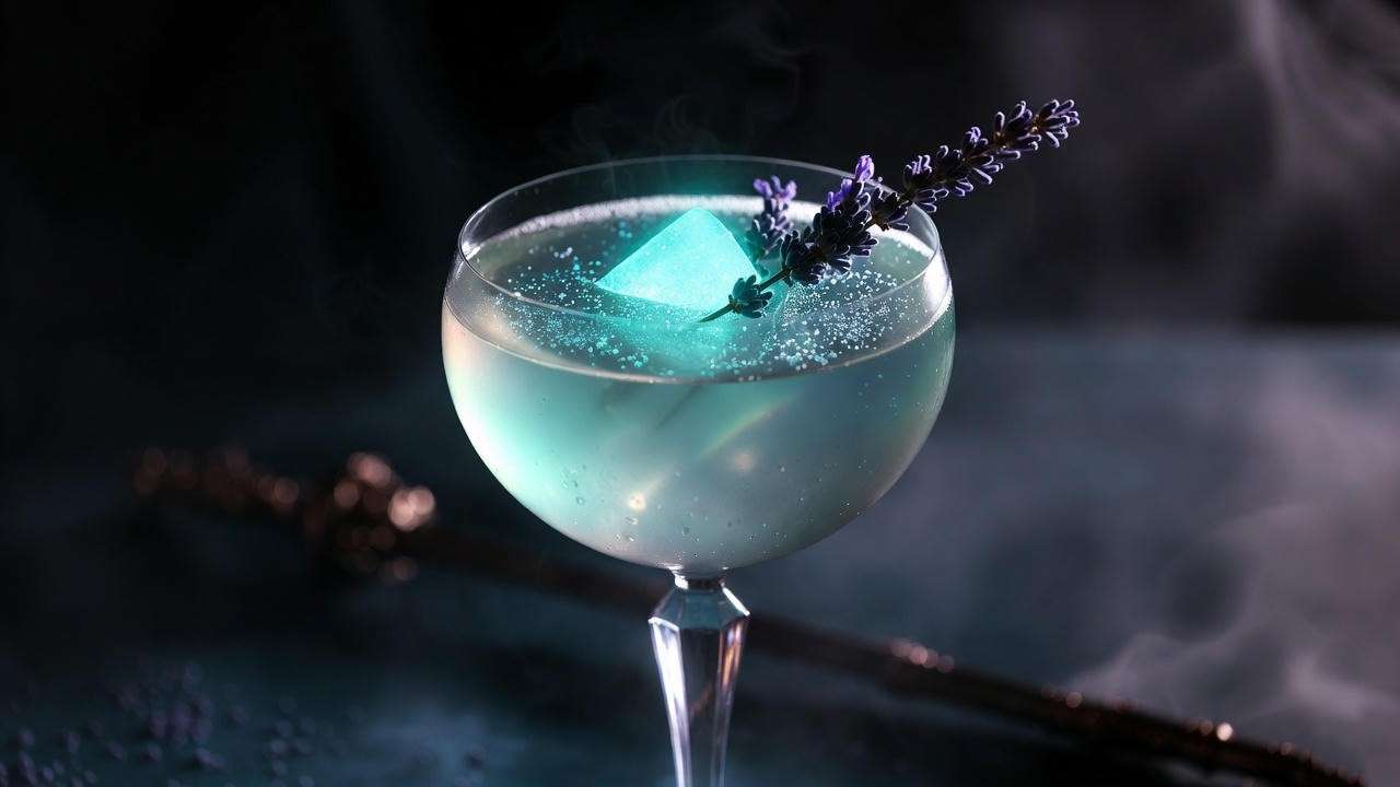 Shimmering adult Gillywater cocktail with edible pearl dust and lavender garnish