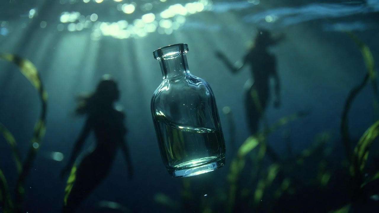 Mystical Gillywater bottle floating in the Black Lake with gillyweed symbolism