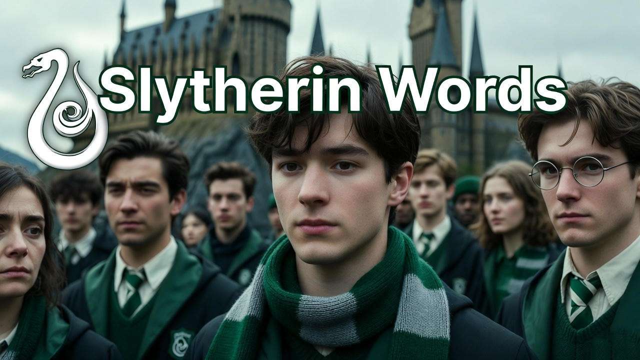 Group of confident Slytherin students in green and silver robes standing proudly in front of Hogwarts castle with "Slytherin Words" title overlay, representing ambition and house pride in Harry Potter.