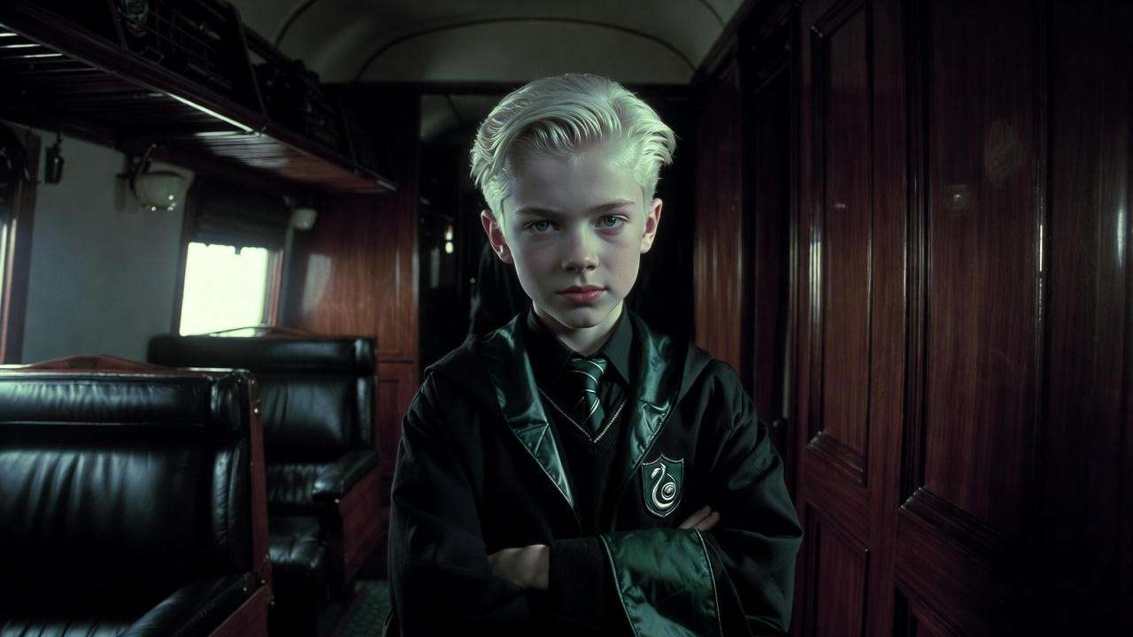Young Draco Malfoy displaying arrogance on the Hogwarts Express, reflecting his early pure-blood prejudice in Harry Potter