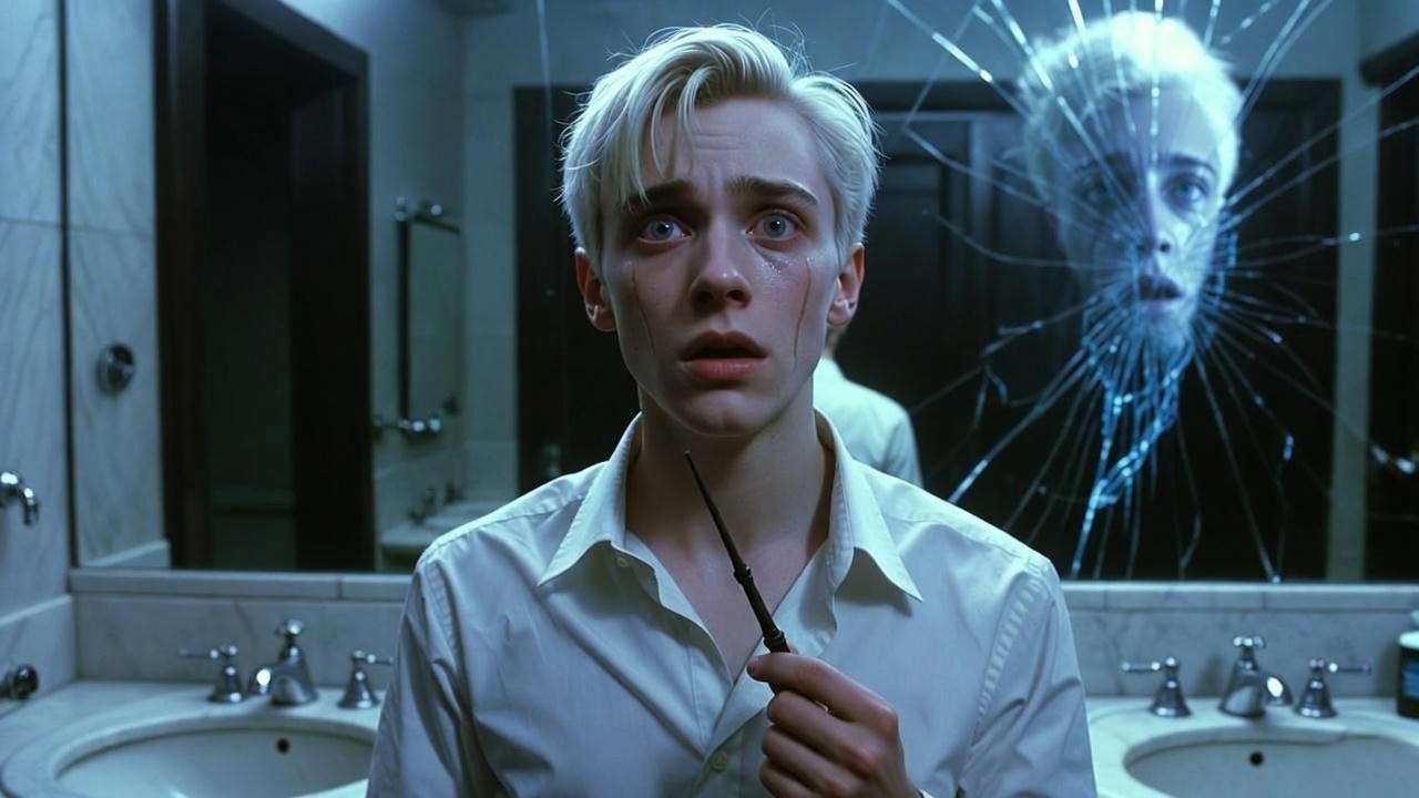 Draco Malfoy crying in the Hogwarts bathroom during his vulnerable moment in Half-Blood Prince