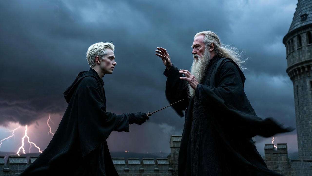 Draco Malfoy hesitating to kill Dumbledore on the Astronomy Tower in Harry Potter and the Half-Blood Prince