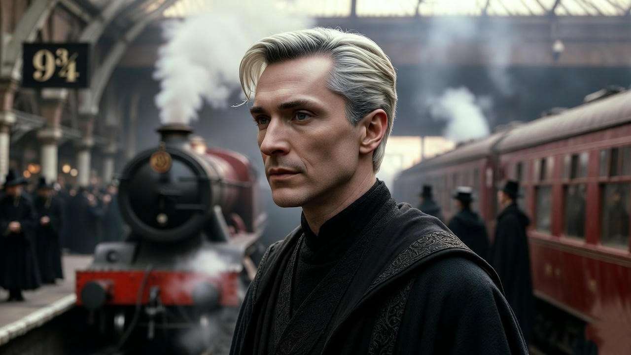 Adult Draco Malfoy at King's Cross in the Harry Potter epilogue, showing post-war maturity and change